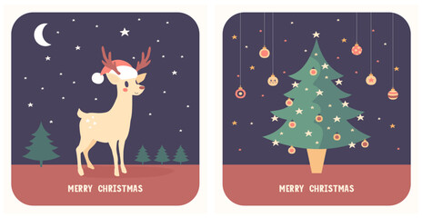Merry Christmas. Winter Holidays Vector Retro Cards with Cute Happy Reindeer, Christmas Tree, Baubles and Stars. Hand Drawn Little Deer on a Dark Blue Background. Lovely Christmas Print. Rgb.