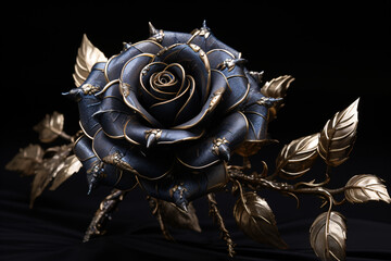 Luxurious Black Rose with Intricate Gold and Silver Details
