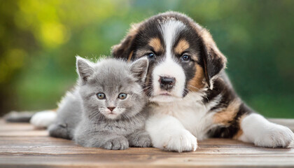 Adorable puppy and kitten lying together