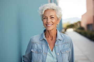 Fototapeta na wymiar Portrait of a happy woman in her 80s sporting a versatile denim shirt against a solid pastel color wall. AI Generation