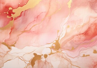 Rose pink liquid watercolor background with golden dots. Dusty blush marble alcohol ink drawing effect