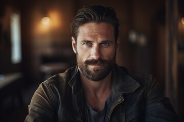 Portrait of a blissful man in his 30s wearing a rugged jean vest against a scandinavian-style interior background. AI Generation