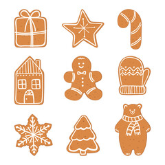 Set of cute hand drawn gingerbread cookies, including gingerbread man, star, new year tree, bear, snowflake, glove, house, gift, candy. Traditional Christmas sweets