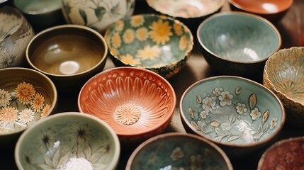 Generative AI, crafted pottery, still life of hand made pottery and ceramic bowls, hobby and leisure concept	
 - obrazy, fototapety, plakaty