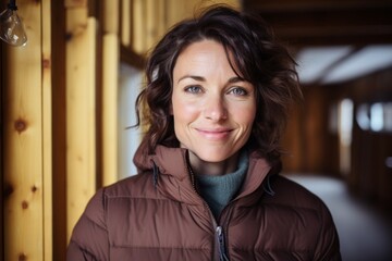Portrait of a smiling woman in her 40s donning a durable down jacket against a scandinavian-style interior background. AI Generation