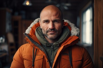 Portrait of a merry man in his 40s wearing a warm parka against a scandinavian-style interior background. AI Generation