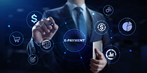 E-payment digital money online banking. Businessman pressing button on screen.
