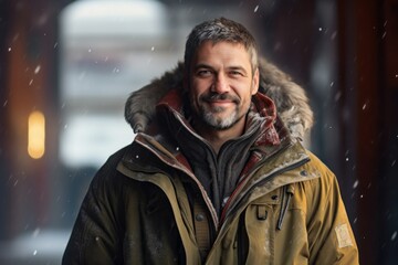 Obraz premium Portrait of a merry man in his 40s wearing a warm parka against a scandinavian-style interior background. AI Generation