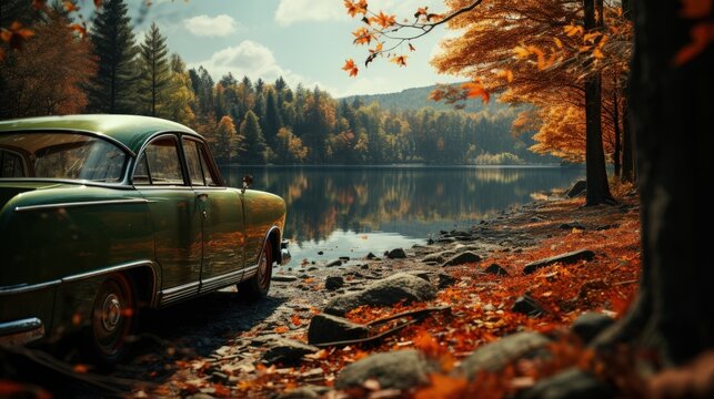 An old car parked on the shore of the lake