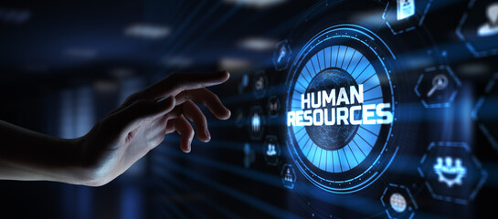 HR Human resources management Recruitment Headhunting. Hand pressing button on screen.