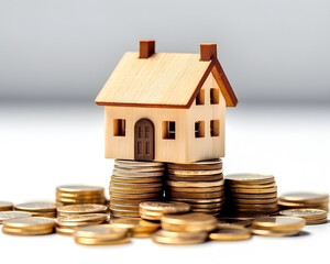 house model and coins on white background. real estate and investment concept.