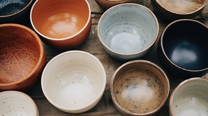 Generative AI, crafted pottery, still life of hand made pottery and ceramic bowls, hobby and leisure concept	
