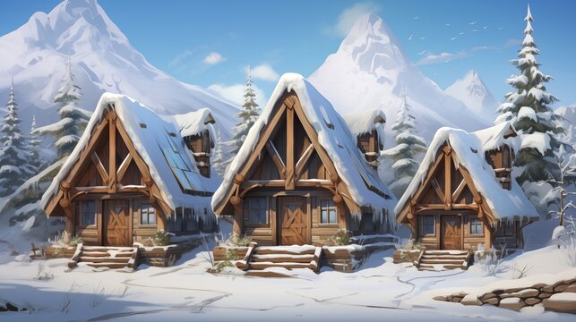 Three cartoon cabins in the snow. Fantasy concept , Illustration painting.