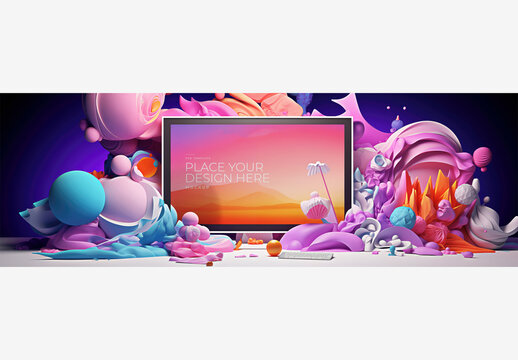 Colorful Frame Mockup Template: Vibrant Computer Screen with Surrounding Objects, Keyboard, and Mouse on Purple Background