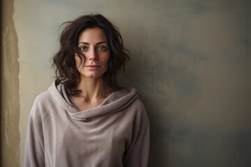 Portrait of a glad woman in her 30s wearing a thermal fleece pullover against a bare concrete or plaster wall. AI Generation