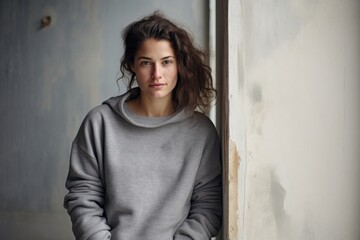 Portrait of a glad woman in her 30s wearing a thermal fleece pullover against a bare concrete or plaster wall. AI Generation - obrazy, fototapety, plakaty