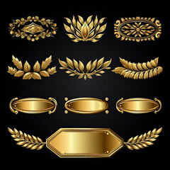 Golden laurel wreaths and labels set, vector illustration.  