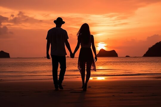 Summer young couple silhouette love sea person romance honeymoon beach together sunset