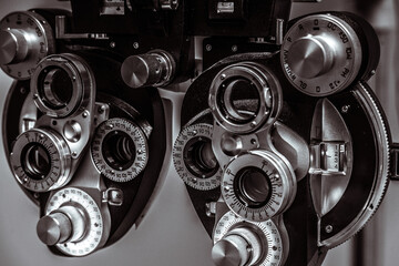 Instrument, phoropter, used by the eye doctor, or ophthalmologist, to test your eyes.  