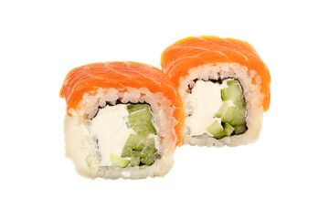 Sushi closeup isolated on white background. Sushi roll with red fish, trout, rice, Philadelphia cheese and cucumber. Japanese restaurant menu.