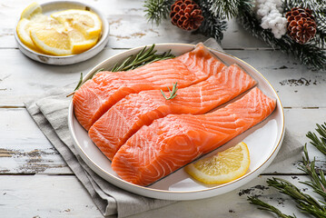 raw salmon fillet in a Christmas composition