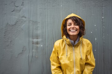Portrait of a joyful woman in her 40s sporting a waterproof rain jacket against a bare concrete or plaster wall. AI Generation