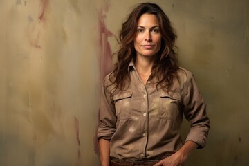 Fototapeta premium Portrait of a merry woman in her 40s sporting a vented fishing shirt against a bare concrete or plaster wall. AI Generation