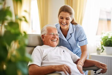 Compassionate Home Care, Joyful Nurse Attending to a Senior Gentleman Comfortably