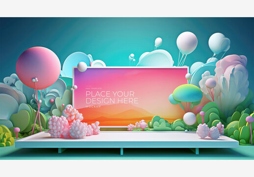 Frame Mockup Template: Colorful Computer Screen with Balloons, Sky Background, and Place Your Design Here Message for Selling Stock Images Frame Mockup