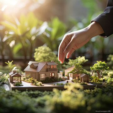 Hand of real estate agent placing miniature house model in the garden.  