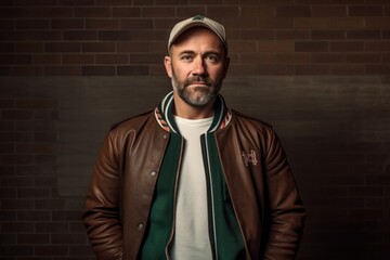 Portrait of a blissful man in his 40s sporting a stylish varsity jacket against a bare concrete or plaster wall. AI Generation