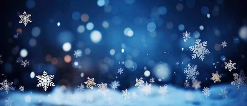 Christmas background with snowflakes and bokeh lights. 3d rendering. Winter background with snowflakes and bokeh.