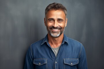 Obraz premium Portrait of a smiling man in his 50s sporting a versatile denim shirt against a bare concrete or plaster wall. AI Generation