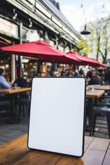 Mockup image of tablet pc with blank white screen standing on wooden table in outdoor cafe.