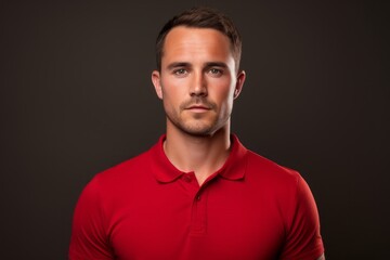 Fototapeta premium Portrait of a content man in his 30s wearing a sporty polo shirt against a blank studio backdrop. AI Generation