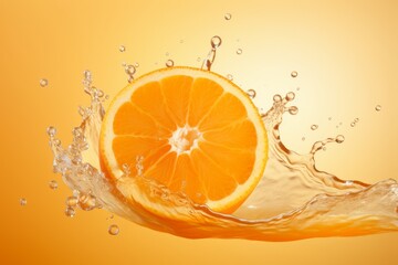 Photo of a juicy orange section releasing its citrus essence into a milky backdrop. Generative AI