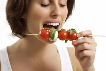 A Woman's Lips Savor the Juiciness of Fresh Tomatoes in Close-Up AI generated