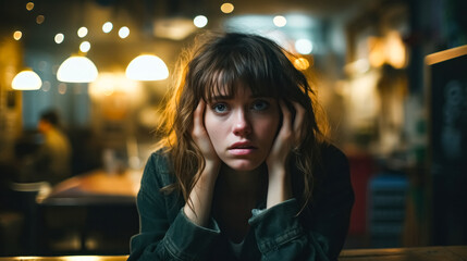 Portrait of upset, tired, upset, stressed, distracted, surprised, shocked woman sitting at table in cafe, looking at camera. 