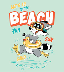 Racoon mascot cartoon, fun Beach illustration summer vector print