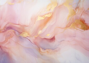 Rose pink liquid watercolor background with golden dots. Dusty blush marble alcohol ink drawing effect