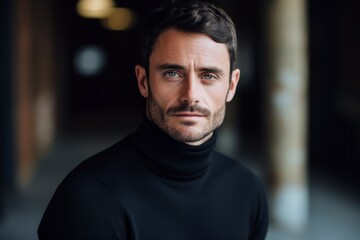 Obraz premium Portrait of a tender man in his 30s wearing a classic turtleneck sweater against a empty modern loft background. AI Generation