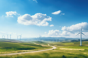 Solar and wind farm panorama background with empty space for text 