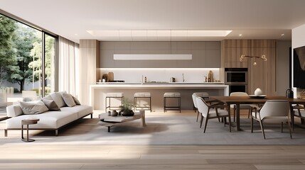 A modern minimalist home interior design with clean lines, sleek furniture, and neutral color palette, featuring an open-concept living space connected to a spacious kitchen, bathed in natural light