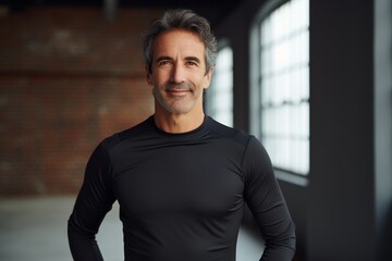 Fototapeta na wymiar Portrait of a smiling man in his 50s showing off a lightweight base layer against a empty modern loft background. AI Generation