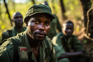 Fototapeta premium Rangers monitoring wildlife in a sanctuary to protect endangered species 