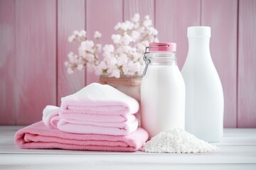 Fototapeta na wymiar Pink detergent and white cleaning products
