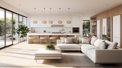 A modern minimalist home interior design with clean lines, sleek furniture, and neutral color palette, featuring an open-concept living space connected to a spacious kitchen, bathed in natural light