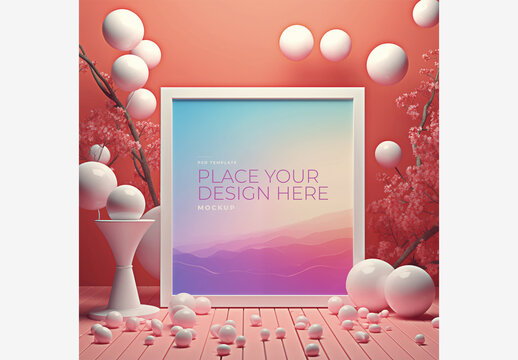 Fantasy Vivid Frame Mockup Template with Pink Wall, Sky Background, and White Balls on Table Frame Mockup Template Fantasy Vivid