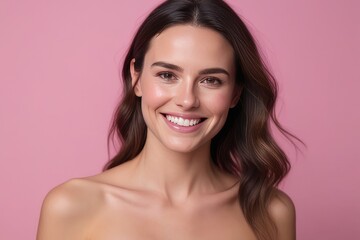 Fototapeta premium portrait of a smiling woman on pink background