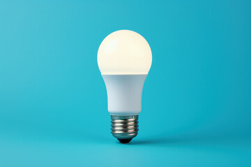 Efficient LED lightbulb glowing isolated on a gradient blue background 